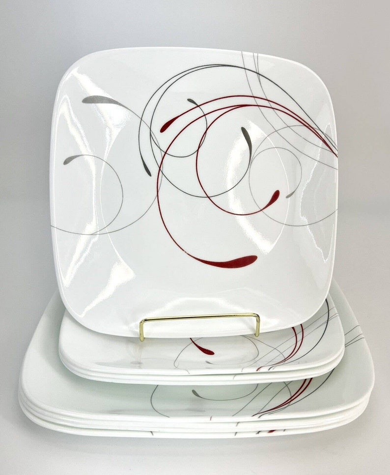 CORELLE Splendor Vitrelle Square Dinner & Salad Plates White Red Gray