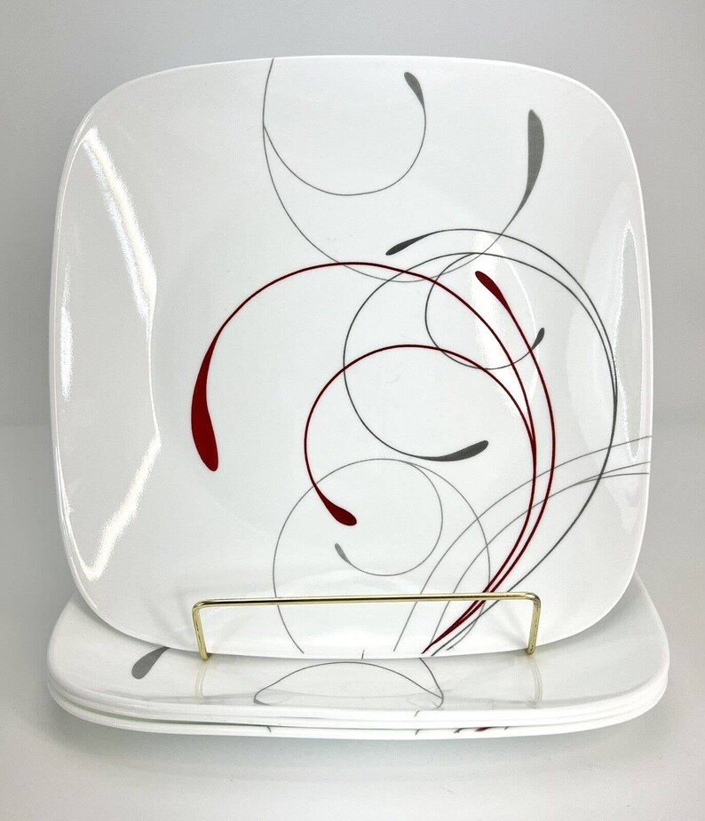 CORELLE Splendor Vitrelle Square Dinner & Salad Plates White Red Gray