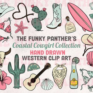 Coastal Cowgirl Summer PNG Clipart Bundle, pink disco western clip art, cowboy cowgirl clipart, trendy beach clipart, western Canva clipart