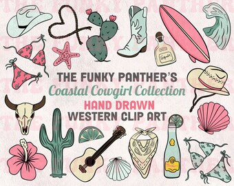 Coastal Cowgirl Summer PNG Clipart Bundle, pink disco western clip art, cowboy cowgirl clipart, trendy beach clipart, western Canva clipart