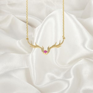 Collier en bois de cerf avec pierre de naissance, cadeau de Noël buckhorn en argent fait main, pendentif en bois de wapiti, bijoux en corne délicats