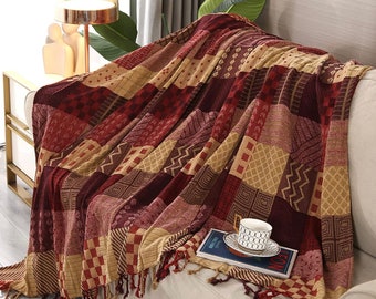 Patchwork Style Throw Large Blankets Sofa Double Bed Armchair Soft Furniture Throws with Tassels Chenille Handmade Throws for Bohemian Decor