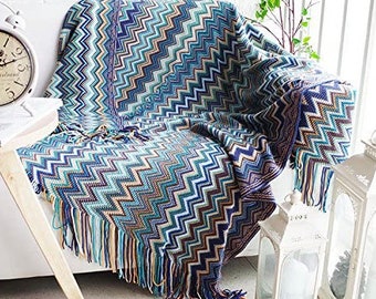 Blue Jazzy Bohemian Throw Bohemian Style Throws Warm and cozy Knitted Thick Sofa Throw Cover Soft Blanket