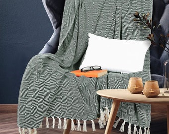 Beautiful Diamond Shaped Large Cotton Throw Throws Patterned Warm Cozy Sofa Green Throw Cover Soft Blanket Bed Soft Tassle Throw