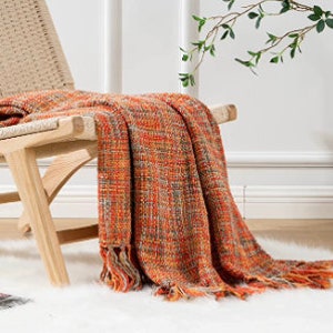 Knitted Orange Throw Woven Beautiful Throw with Tassles Gifts for Her/Him Armchair Throw Rainbow Throws Comfy Hand Knitted Throw Gifts image 5