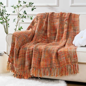 Knitted Orange Throw Woven Beautiful Throw with Tassles Gifts for Her/Him Armchair Throw Rainbow Throws Comfy Hand Knitted Throw Gifts