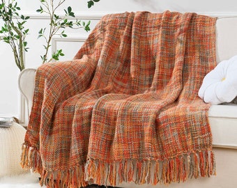 Beau jeté tricoté orange avec pompons, cadeaux pour elle/lui jeté pour fauteuil jetés arc-en-ciel jetés tricotés à la main confortables