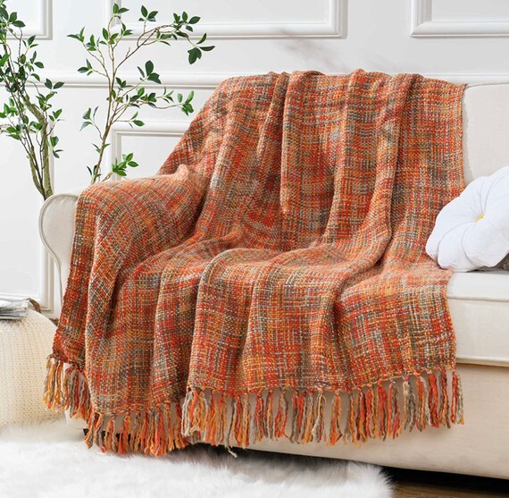 Knitted Orange Throw Woven Beautiful Throw With Tassles Gifts for