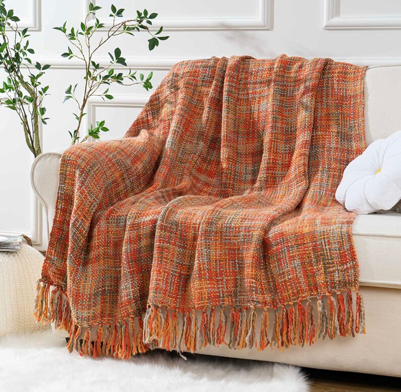 Knitted Orange Throw Woven Beautiful Throw With Tassles Gifts for Her