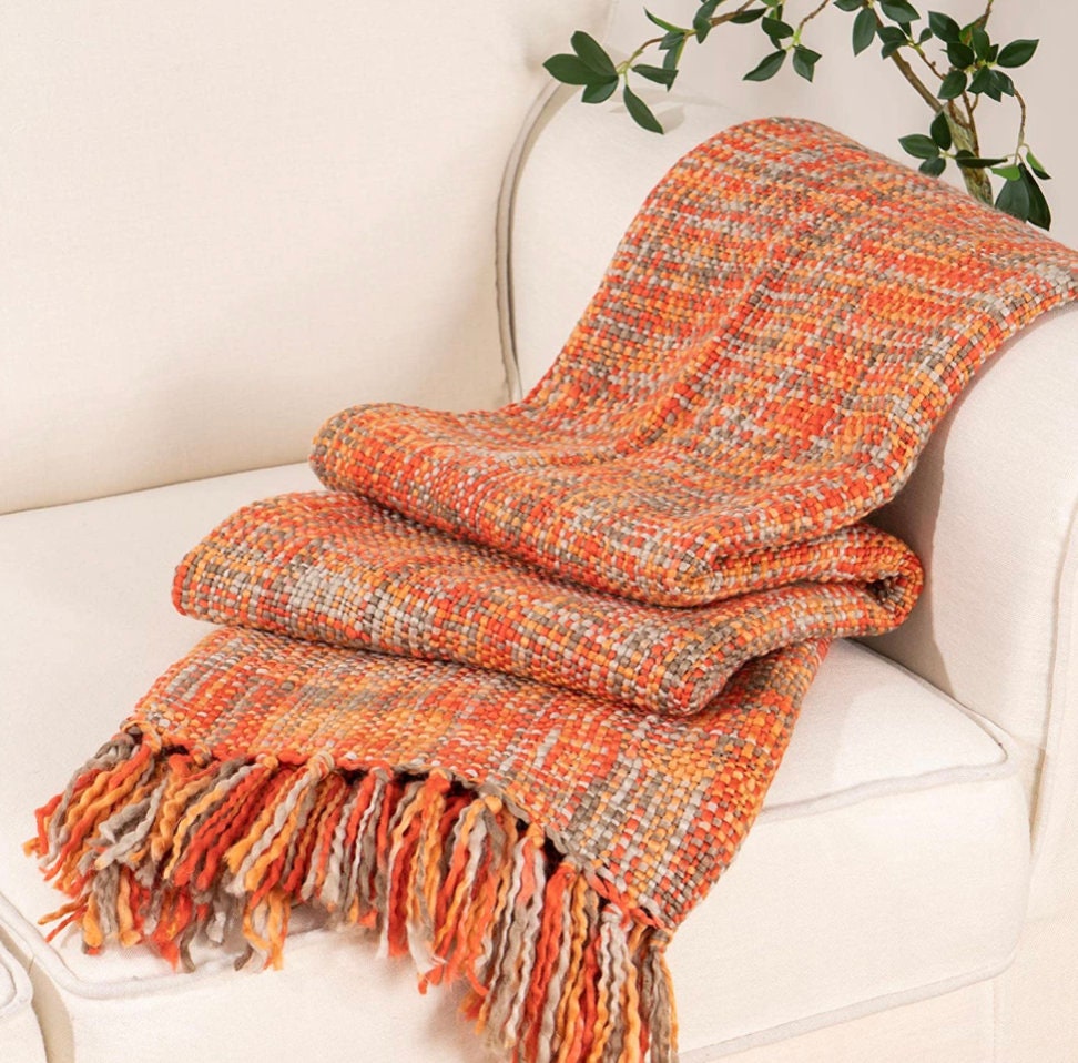 Knitted Orange Throw Woven Beautiful Throw With Tassles Gifts for Her