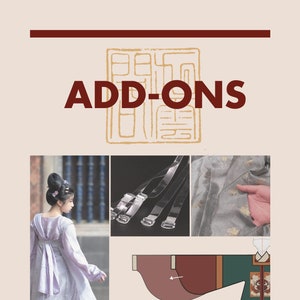 Puede incluir: Un collage de imágenes que muestran diferentes complementos para hanfu, una prenda tradicional china. Los complementos incluyen tirantes de sujetador transparentes, un cuello decorativo y una tela con estampado floral. El texto dice: "POR FAVOR, SOLO COMPRE CON LA COMPRA DE UNO O MÁS ARTÍCULOS DE HANFU DE CLOUD9 HANFU. SI SE COMPRA MÁS DE UNA PRENDA EN EL MISMO PEDIDO COMO UN COMPLEMENTO, POR FAVOR, UTILICE EL CUADRO DE PERSONALIZACIÓN PARA INDICAR A QUÉ PRENDA QUIERE QUE SE APLIQUE CADA COMPLEMENTO."