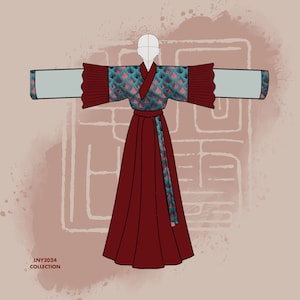 Puede incluir: Una túnica roja con estampado de color turquesa y mangas largas y una faja. La túnica la lleva puesta un maniquí sobre un fondo rosa claro con un patrón geométrico blanco.