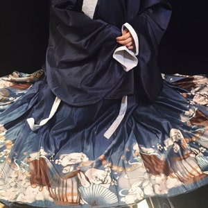 May include: A navy blue and white traditional Chinese dress with a long skirt featuring a pattern of white rabbits, clouds, and lanterns. The skirt is made of a silky fabric.
