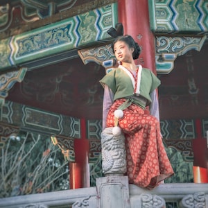 Puede incluir: Una joven vestida con un atuendo verde y rojo se encuentra en una pagoda china tradicional. La pagoda tiene pilares rojos y un techo de tejas verdes y azules. La mujer mira hacia la izquierda de la imagen.