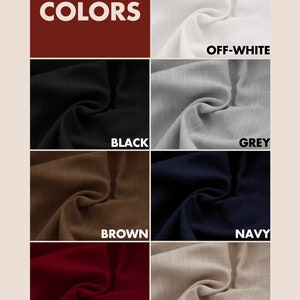 Pode incluir: Amostra de tecido em 10 cores diferentes: branco quebrado, preto, cinza, marrom, azul marinho, vermelho, bege, azul claro, azul escuro e verde.