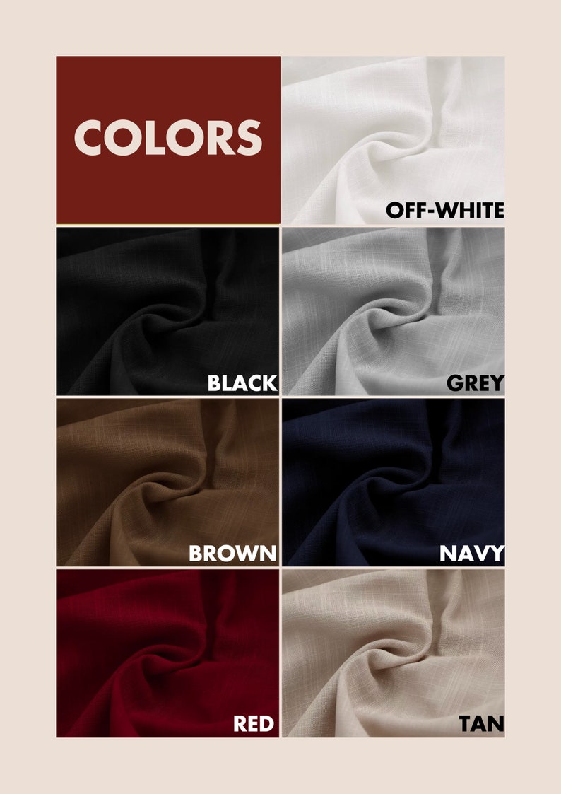 Pode incluir: Amostra de tecido em 10 cores diferentes: branco quebrado, preto, cinza, marrom, azul marinho, vermelho, bege, azul claro, azul escuro e verde.