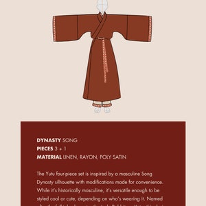 May include: A brown robe with a white rabbit print. The robe is a four-piece set made of linen, rayon, and poly satin. The text "玉兔・宋" is at the top of the image. The text "DYNASTY SONG" is below the image. The text "PIECES 3 + 1" is below the text "DYNASTY SONG". The text "MATERIAL LINEN, RAYON, POLY SATIN" is below the text "PIECES 3 + 1".