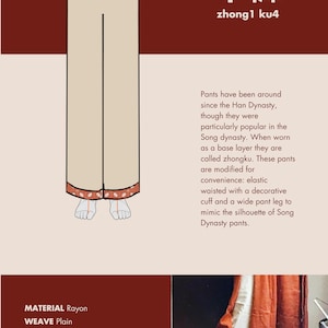 May include: Illustration of a pair of beige trousers with a red waistband and red polka dot trim at the bottom. The trousers are called "Zhongku" in Chinese characters and "zhong1 ku4" in pinyin. The text describes the trousers as a base layer worn in the Song Dynasty.