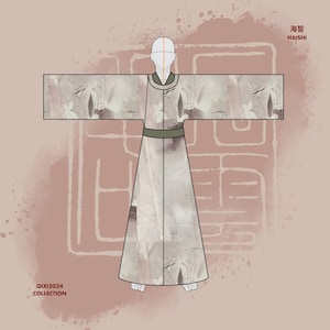 May include: A white robe with a light gray and brown abstract pattern. The robe has a green sash and is worn by a figure with a white head and neck. The text "海誓 HAISHI" is in the upper right corner of the image. The text "QIXI2024 COLLECTION" is in the lower left corner of the image.