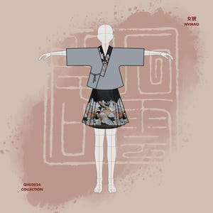 Puede incluir: Una ilustración de moda de una persona que lleva una blusa gris con una falda estampada en blanco y negro. El texto "NVMAO" y "QIXI2024 COLLECTION" es visible en la imagen.