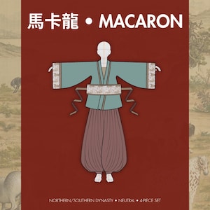 Puede incluir: Ilustración de un atuendo tradicional de inspiración asiática. El diseño presenta una parte superior color turquesa con mangas decorativas, pantalones marrones y un cinturón blanco. El texto "馬卡龍 • MACARON" está en la parte superior, con "NORTHERN/SOUTHERN DYNASTY • NEUTRAL • 4-PIECE SET" en la parte inferior.