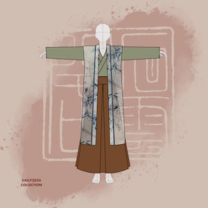 Puede incluir: Una ilustración de moda de una persona que lleva una larga túnica fluida con un estampado floral. La túnica está abierta por delante, dejando ver una falda marrón y una camisa verde debajo. La persona está de pie con los brazos extendidos, y el fondo es de color marrón claro con un patrón geométrico.