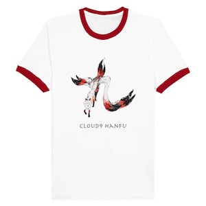 May include: White t-shirt with a red ringer neck. The shirt features a black and red illustration of a nine-tailed fox with the text "CLOUD9 HANFU" below the fox.