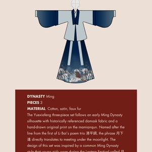 May include: A three-piece traditional Chinese clothing set inspired by the Ming Dynasty. The set features a white damask top, a blue satin skirt, and a faux fur lining. The set is called "Yuexiafeng" which translates to "Meeting under the moonlight".