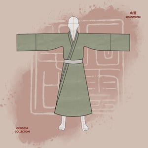 Puede incluir: Una túnica verde con una falda larga y fluida y una faja atada a la cintura. La túnica tiene un diseño simple y elegante y es perfecta para una variedad de ocasiones. El texto "Shanmeng" está escrito en caracteres chinos en la parte superior de la imagen.