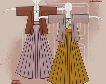 Pode incluir: Duas ilustrações de moda de mulheres vestindo saias longas plissadas com jaquetas combinando. A saia à esquerda é de cor rosa poeirento e a saia à direita é de cor amarelo mostarda. As jaquetas estão abertas e têm um tecido transparente e vaporoso. O texto "QIXI2024 COLLECTION" está na parte inferior esquerda da imagem. O texto "慧蘭心 HUIZHILANXIN" está na parte superior direita da imagem.