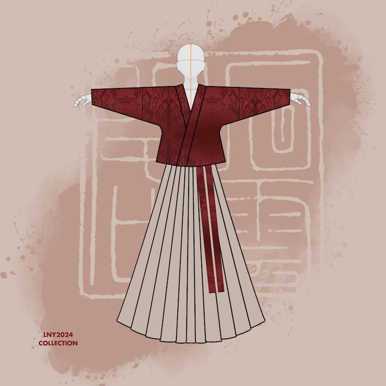 May include: A red and white traditional Korean hanbok with a long skirt and a patterned jacket. The text "LNY2024 COLLECTION" is at the bottom of the image.