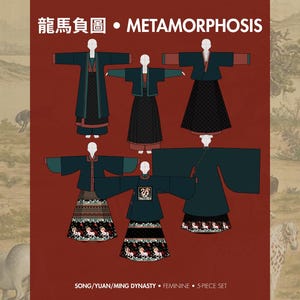 Puede incluir: Ilustración de un conjunto femenino de 5 piezas de la dinastía Song/Yuan/Ming. La imagen presenta seis figuras estilizadas con varios atuendos en tonos de verde azulado, negro y rojo. El texto "METAMORPHOSIS" se muestra en la parte superior.