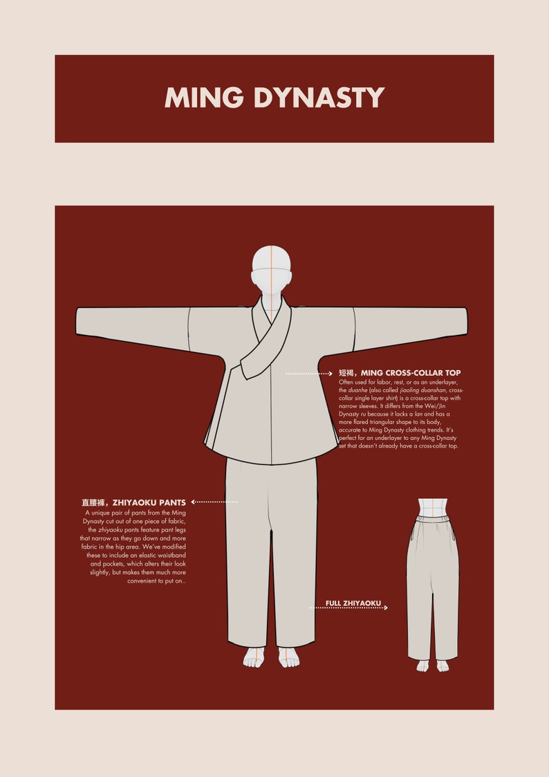 Pode incluir: Ilustra&ccedil;&atilde;o de um traje da Dinastia Ming, incluindo uma camisa de colarinho cruzado e cal&ccedil;as largas. O texto "MING DYNASTY" est&aacute; no topo da imagem. Os textos "短褐, MING CROSS-COLLAR TOP" e "直腰褲, ZHIYAOKU PANTS" est&atilde;o &agrave; direita e &agrave; esquerda da imagem, respectivamente.