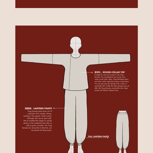 Pode incluir: Uma ilustra&ccedil;&atilde;o de linha de um traje tradicional da dinastia Tang. O traje inclui uma blusa de gola redonda e cal&ccedil;as largas. O texto "燈籠褲, LANTERN PANTS" e "圆领衫, ROUND-COLLAR TOP" est&aacute; inclu&iacute;do na imagem.