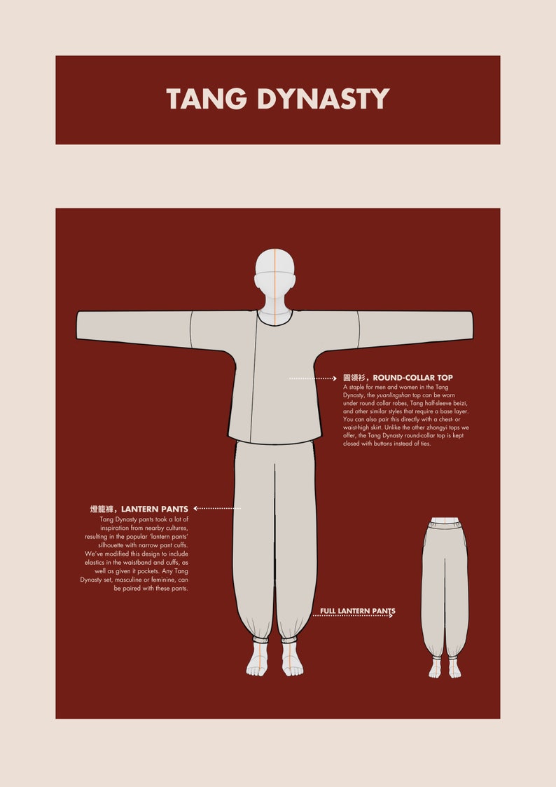 Pode incluir: Uma ilustra&ccedil;&atilde;o de linha de um traje tradicional da dinastia Tang. O traje inclui uma blusa de gola redonda e cal&ccedil;as largas. O texto "燈籠褲, LANTERN PANTS" e "圆领衫, ROUND-COLLAR TOP" est&aacute; inclu&iacute;do na imagem.