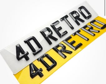 4D UK Retro Car Number Plates  -  Bevelled Diamond Shape Gloss Black Letters - PAIR - MOT Road legal