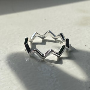 May include: A silver ring featuring a repeating zigzag pattern. The ring's design consists of a series of pointed peaks and troughs. The ring is displayed on a white surface, with shadows enhancing the design's depth.