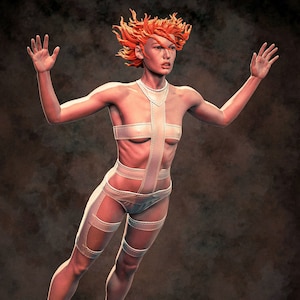 Puede incluir: Una figura blanca de aspecto futurista de una mujer con cabello rojo de pie sobre una base dorada con las palabras "El Quinto Elemento" inscritas en ella.