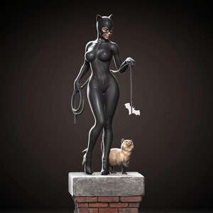 May include: A black catwoman figurine with a black leather suit and a black mask. She is holding a whip and a bat toy. She is standing on a brick chimney with a small cat figurine beside her. The figurine is on a black base.