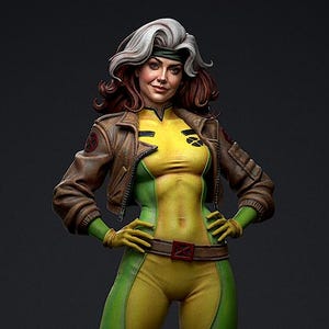 Op de afbeelding: Gedetailleerd beeldje van Rogue uit de X-Men. Ze draagt een geel en groen bodysuit, een bruin leren jasje en gele laarzen. Haar haar is wit met een bruine pony. Het beeldje staat op een getextureerde basis.