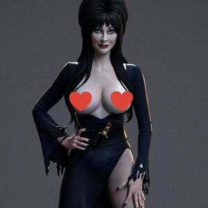 May include: A figurine of a woman in a long black dress with a high slit, long sleeves, and a plunging neckline. The figure has dark hair and is posed with one hand on her hip. She is wearing black heels.