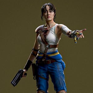 May include: A detailed figurine of a woman in a white tank top, blue pants, and combat boots, holding a gun. The figure has a serious expression and is standing on a yellow platform. The figure has a brown belt and a holster.