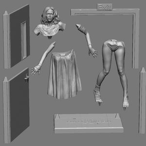 May include: A grayscale 3D model of a horror movie scene, featuring a woman's bust, arms, legs, and a dress, along with door frames and an exit sign. A base with the word "HALLOWEEN" is also present.
