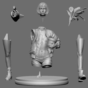 May include: A 3D-printed model kit featuring a female figure with a jacket, shorts, and boots, along with a separate head, a hand holding a gun, and a plant. The model is in a neutral gray color and is designed to be assembled.