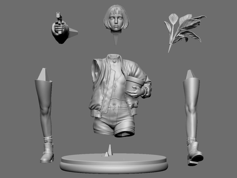 May include: A 3D-printed model kit featuring a female figure with a jacket, shorts, and boots, along with a separate head, a hand holding a gun, and a plant. The model is in a neutral gray color and is designed to be assembled.