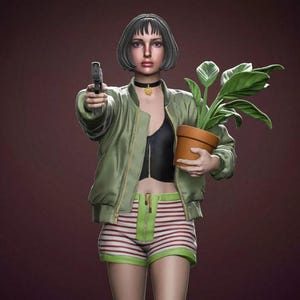 May include: A figurine of a person holding a handgun and a potted plant. The person is wearing a green jacket, black top, striped shorts, and a choker. The plant is in a brown pot with green leaves.