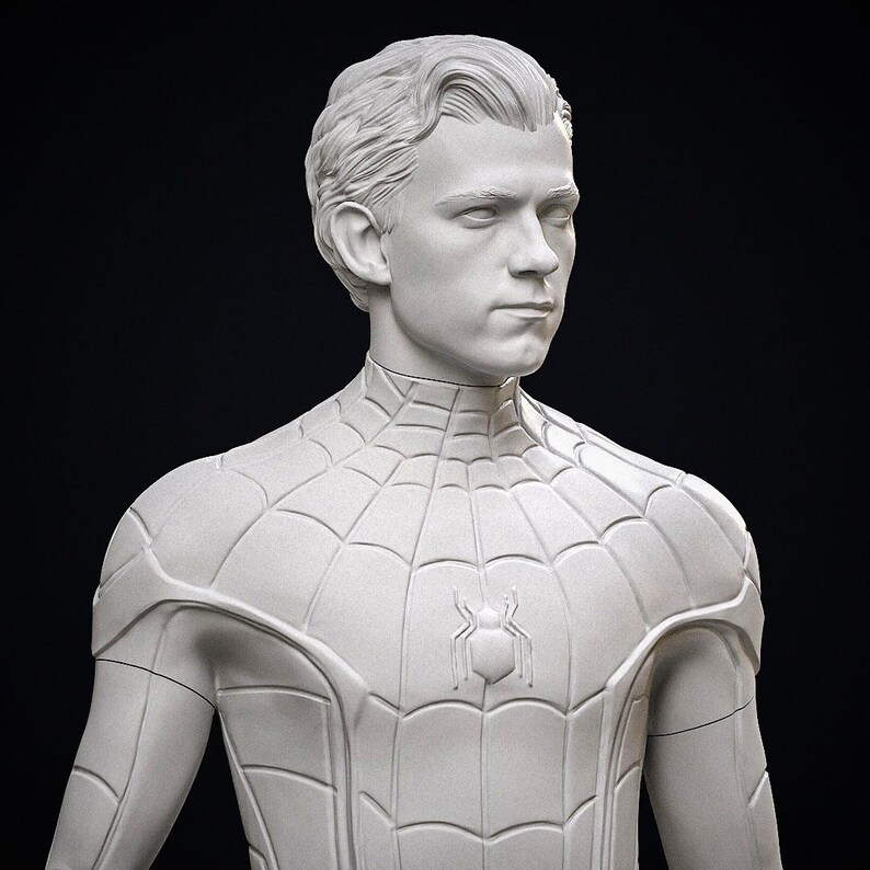 May include: A white bust of a person with short, styled hair, wearing a Spider-Man suit. The suit features a web pattern and a spider emblem on the chest. The background is black.