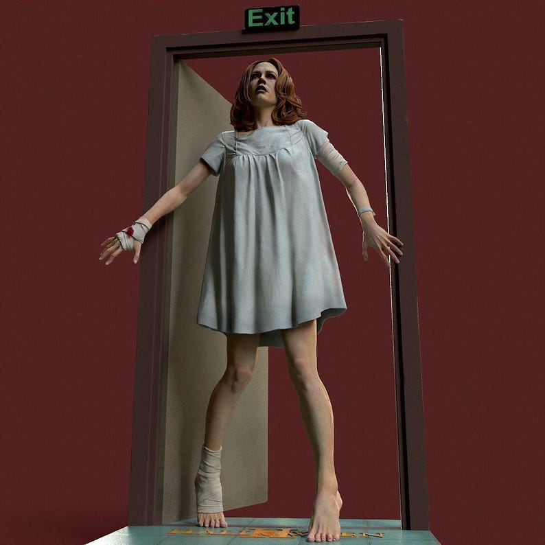 May include: A woman in a light gray dress stands in a doorway with the word "Exit" above. Her arms are outstretched, and her wrists and ankle are bandaged. The background is a deep red.