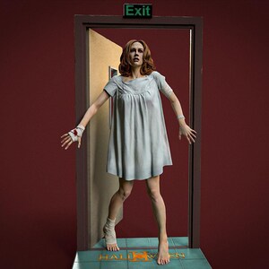 May include: A figure in a light gray dress stands in a doorway with the word "Exit" above. The figure has a bandaged wrist and ankle. The word "Halloween" is visible on the floor. The background is a deep red.