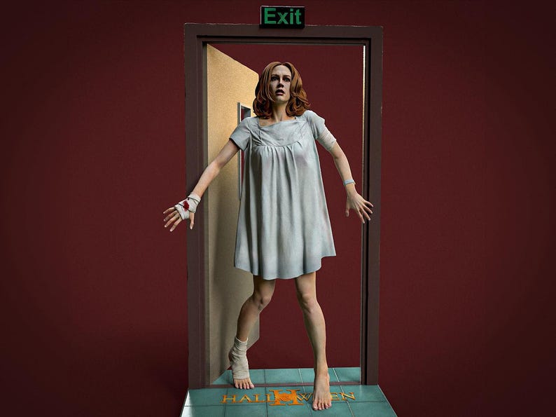 May include: A figure in a light gray dress stands in a doorway with the word "Exit" above. The figure has a bandaged wrist and ankle. The word "Halloween" is visible on the floor. The background is a deep red.